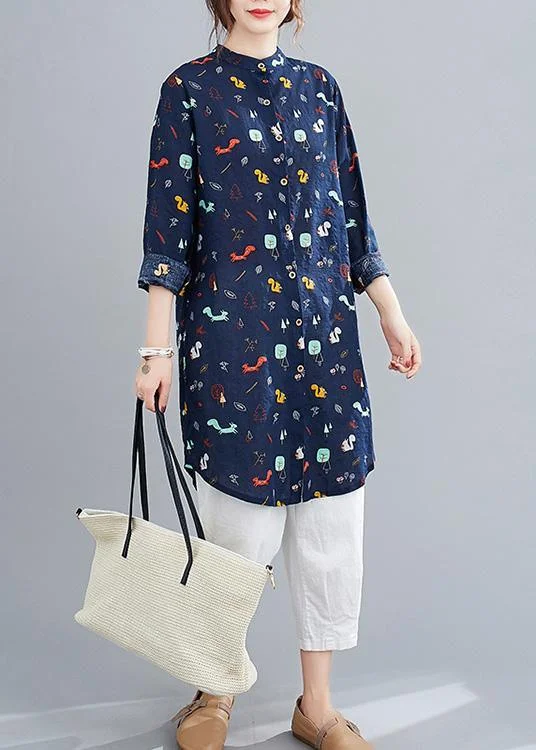 Elegant Stand Collar Spring Tunic Ppattern Work Outfits Blue Animal Design Shirts
