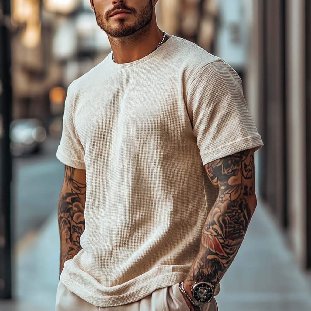 Men's Vintage Waffle Knit Short Sleeve Round Neck T-Shirt