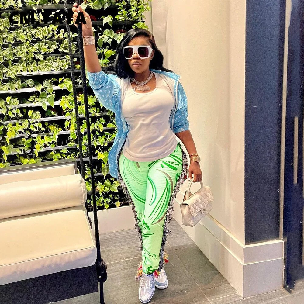 CM.YAYA Autumn Spring Women Pants High Waist Activewear Pencil Trousers Sporty Print Tassel Jogger Pants Sweatpants