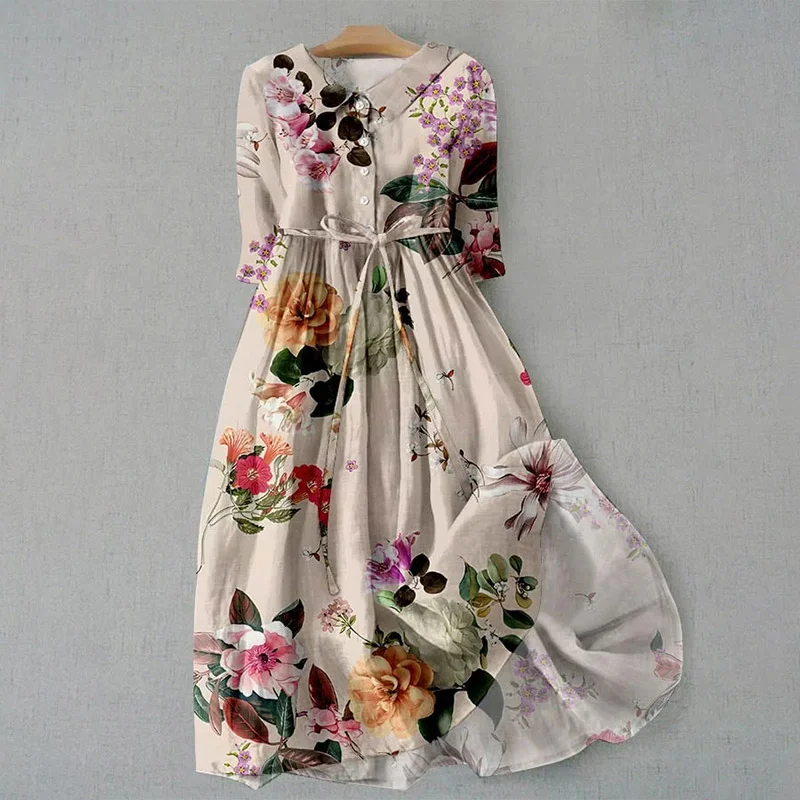Vintage Botanical Floral Design Print Lace-Up Dress