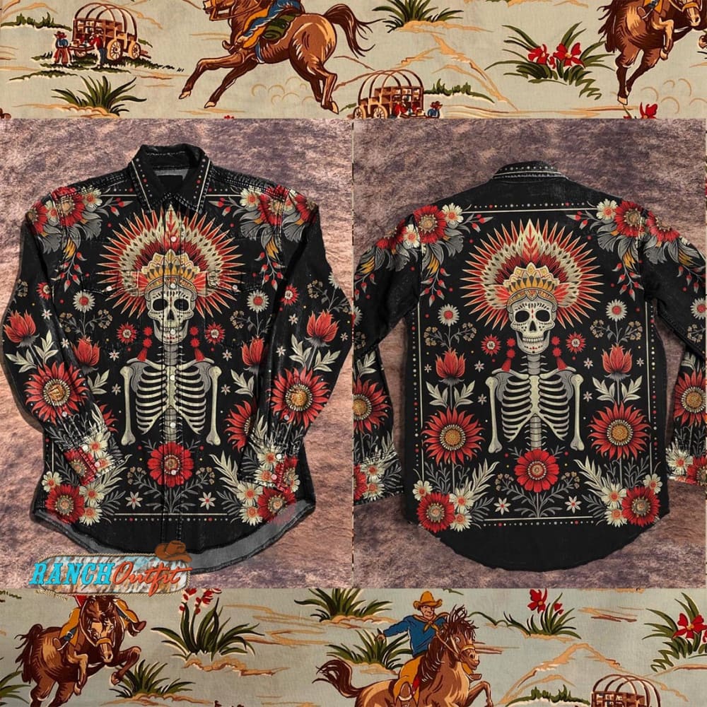 Vintage Colorful Flower Skull Print Casual Shirt Multicolor / S