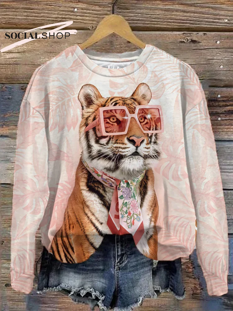Sophisticated Tiger Sporting Glasses: Long Sleeve Round Neck Top with a Touch of Elegance socialshop