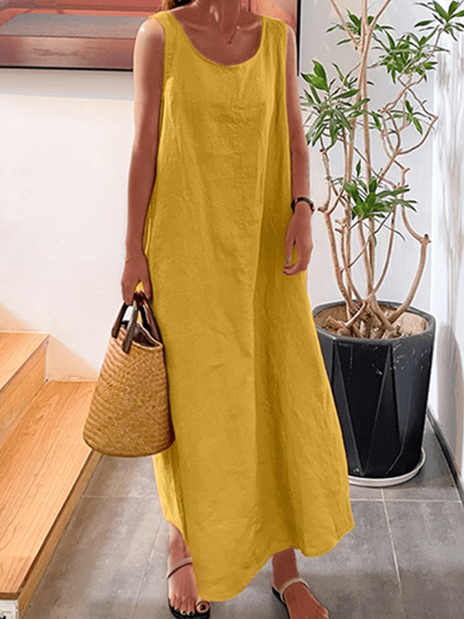 Women's Sling Cotton Linen Simple Pocket Round Neck Sleeveless Dress