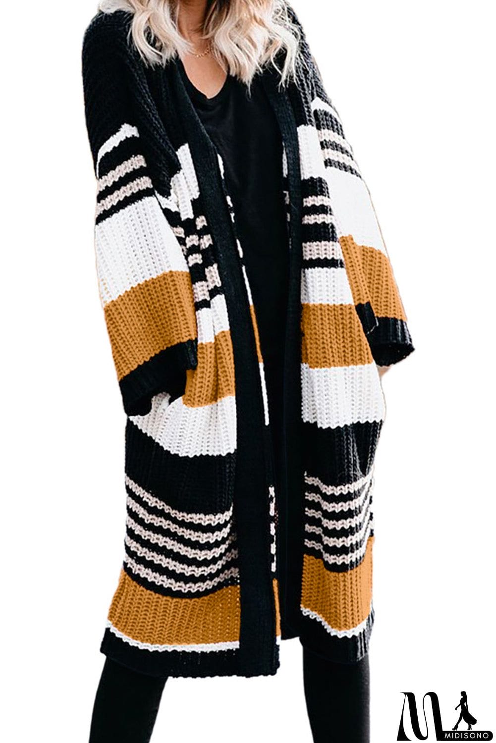 MidiSono - Pocketed Novelty Striped Chenille Cardigan
