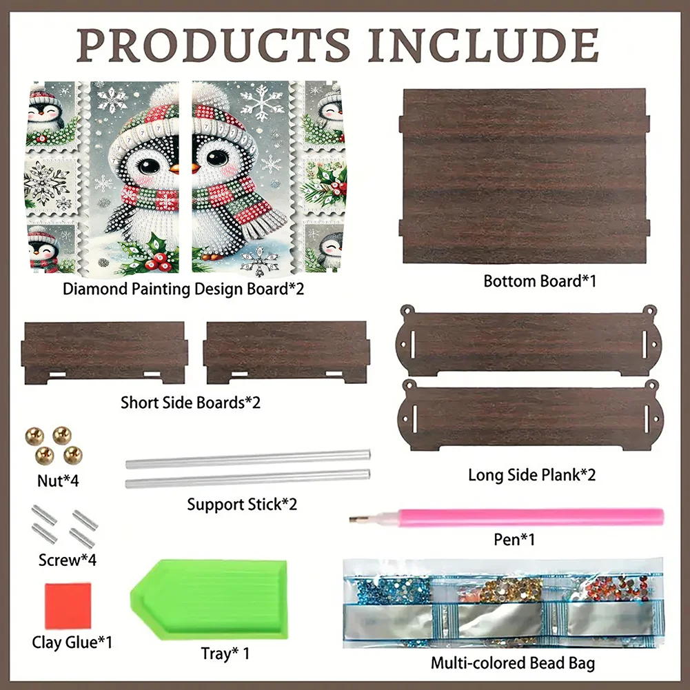5D DIY Diamond Art Crystal Storage Wooden Case Kit for Home Decor (Penguin)