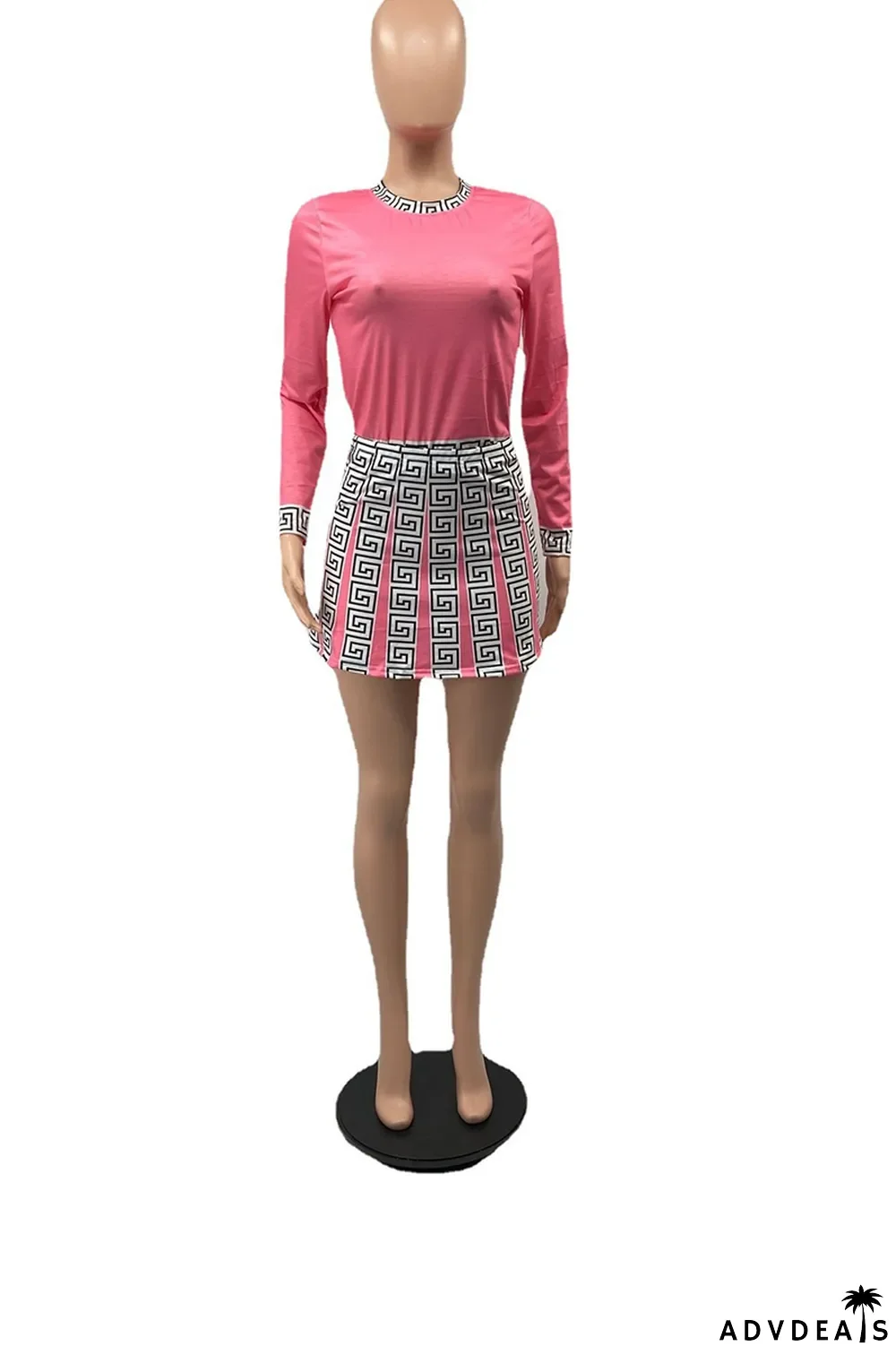 Pink Fashion Print Patchwork O Neck Long Sleeve Two Pieces