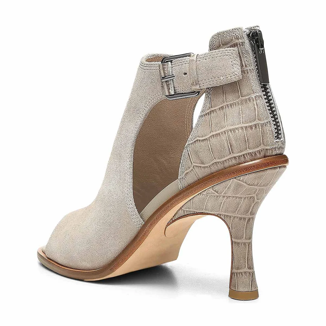 Gray Hollow-Out High Heel Peep Toe Croco Embossed Summer Sandals