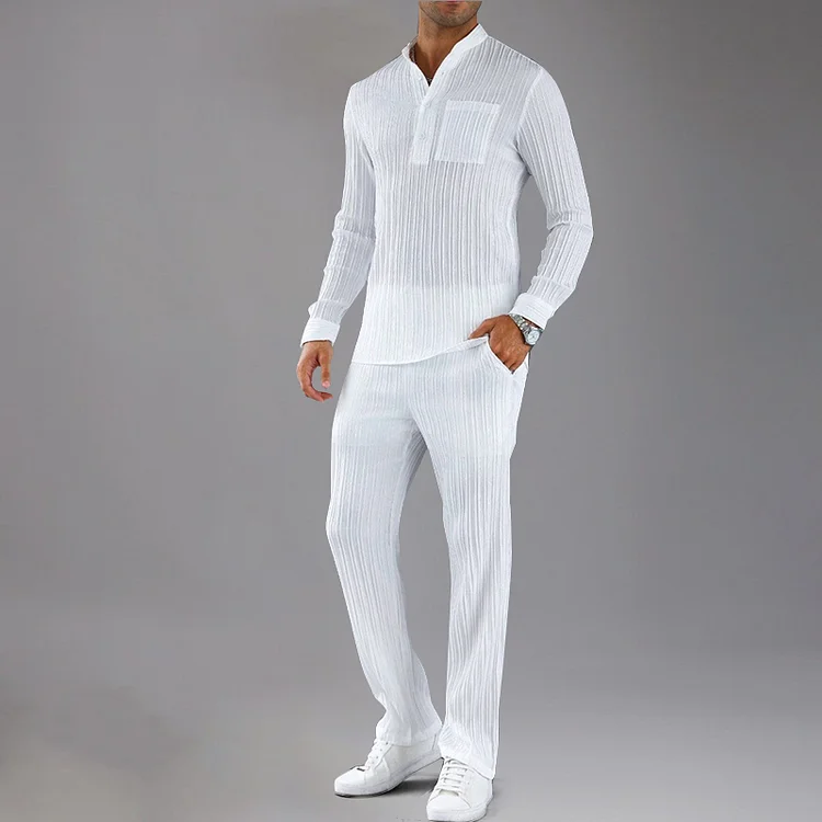 Casual Pit Stripe Long Sleeve Henley Shirt & Pants 2Pcs Set 