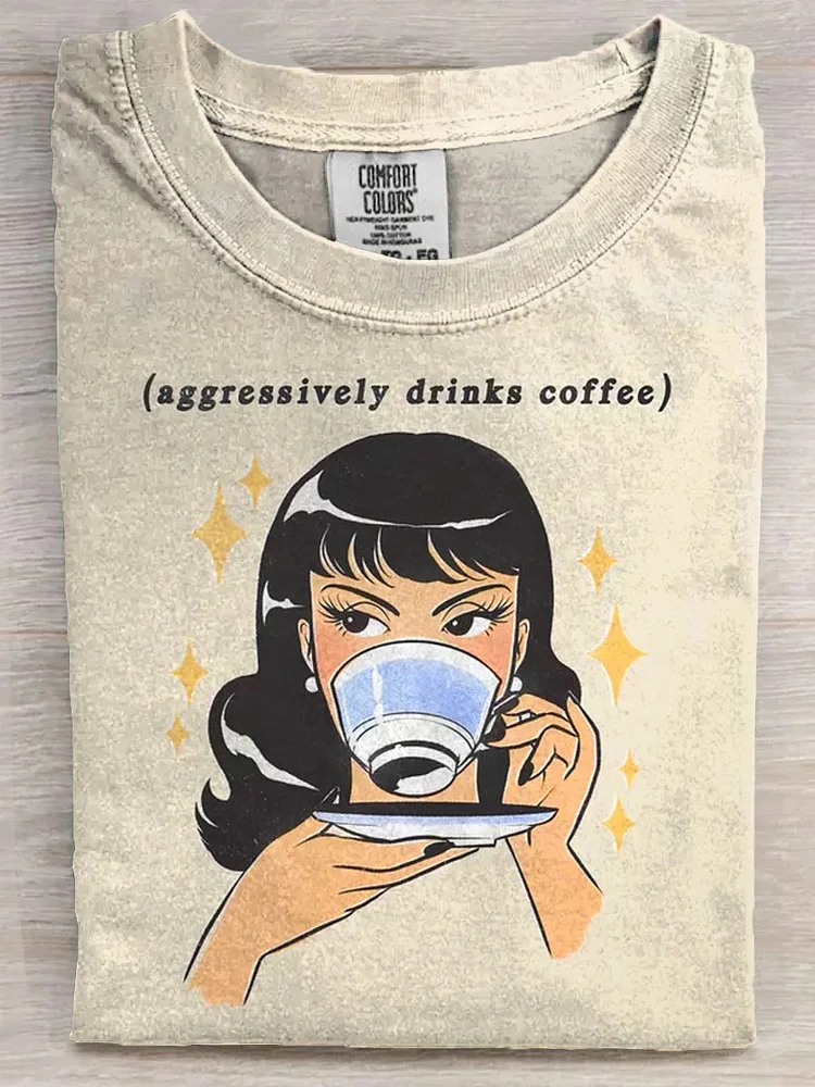 Teecade Teecade Vintage Aggressively Drinks Coffee T-shirt