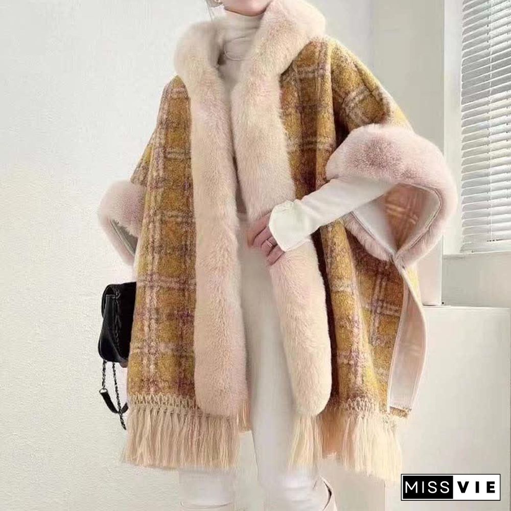 Plaid Print Furry Collar Fringed Casual Hooded Cloak Coat