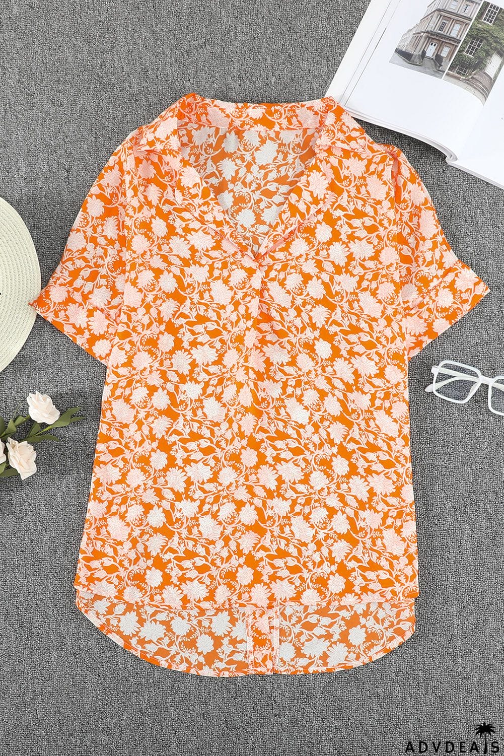 Dotted Print V Neck Drape Front Blouse