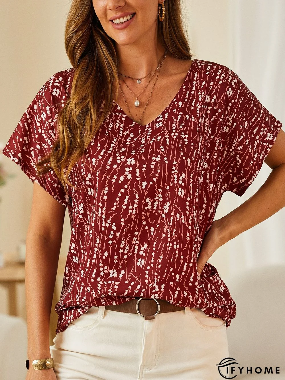 V Neck Floral Casual Loosen Top | IFYHOME