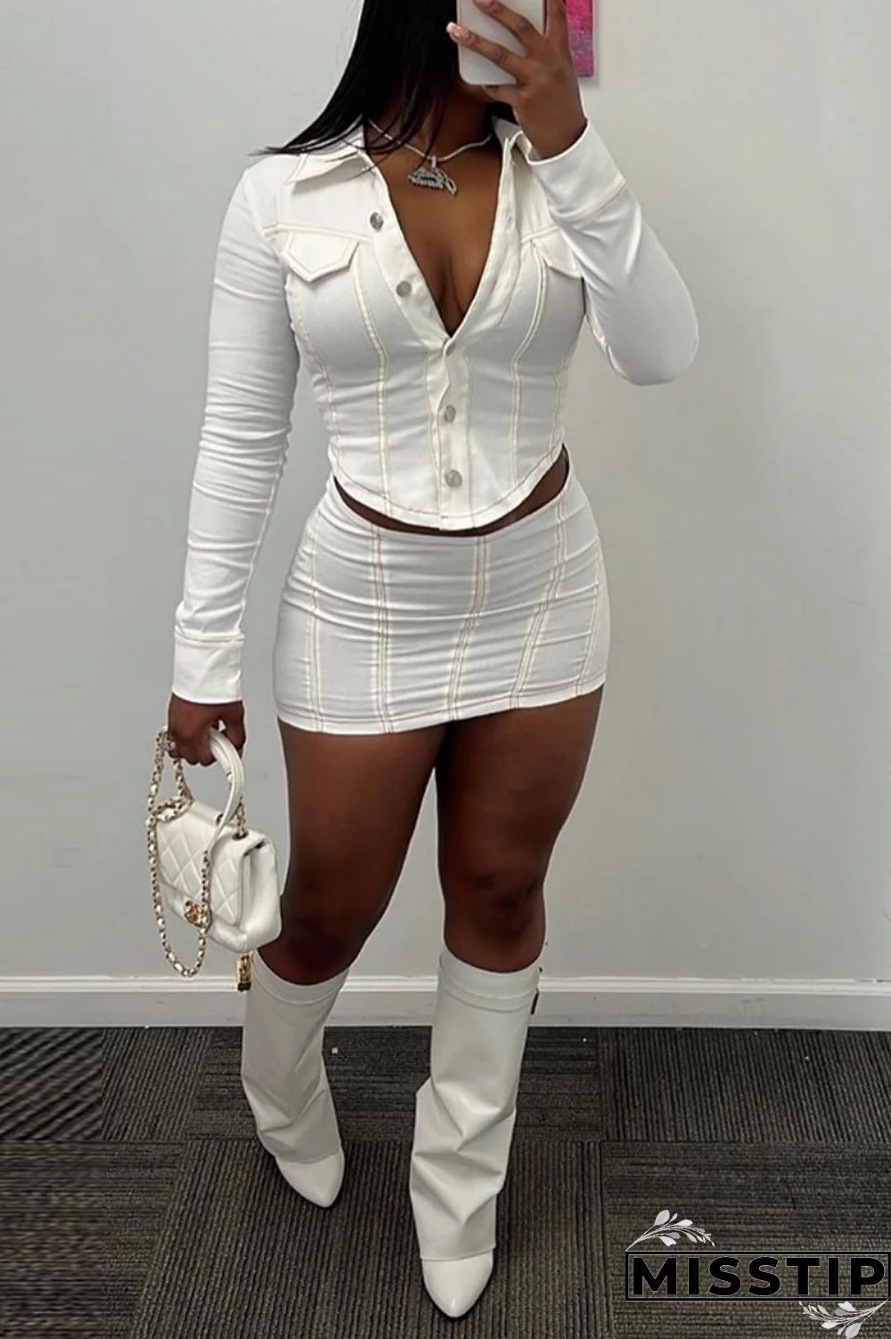 White Casual Solid Patchwork Turndown Collar Long Sleeve Two Pieces