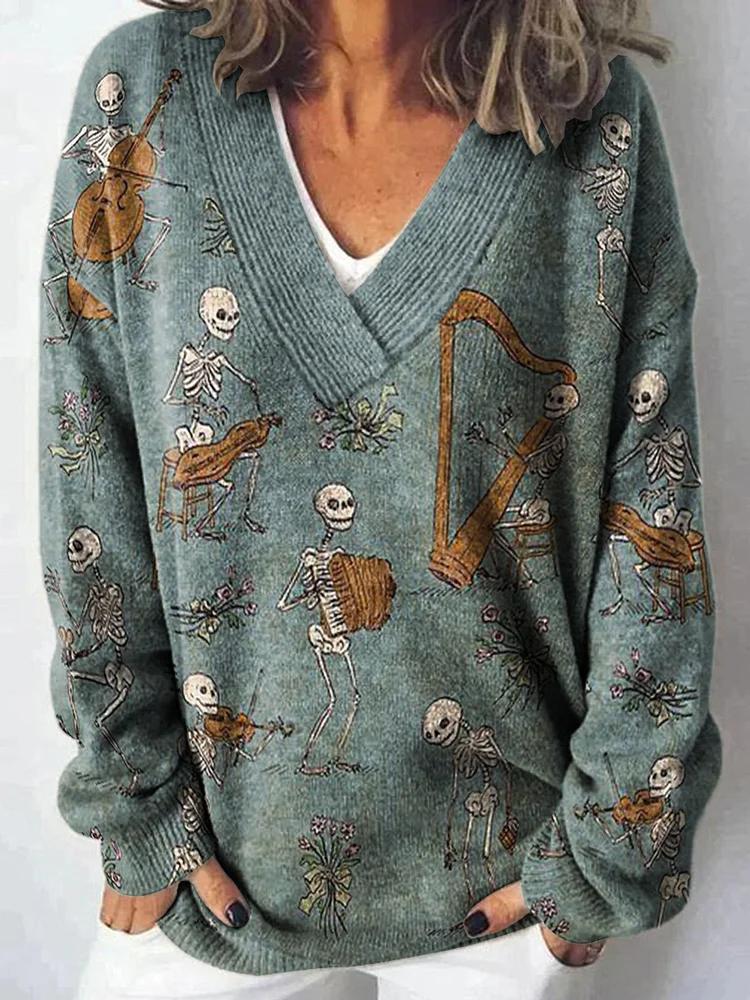 Decorative Pattern of Skeletons Playing Musical Instruments Knit V-neck Pullover Sweater