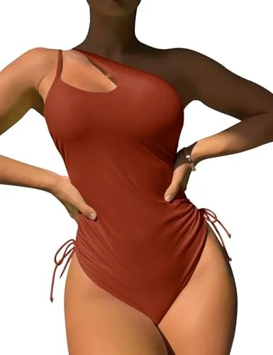 One Shoulder High Cut Tie Side Drawstring Swimsuits