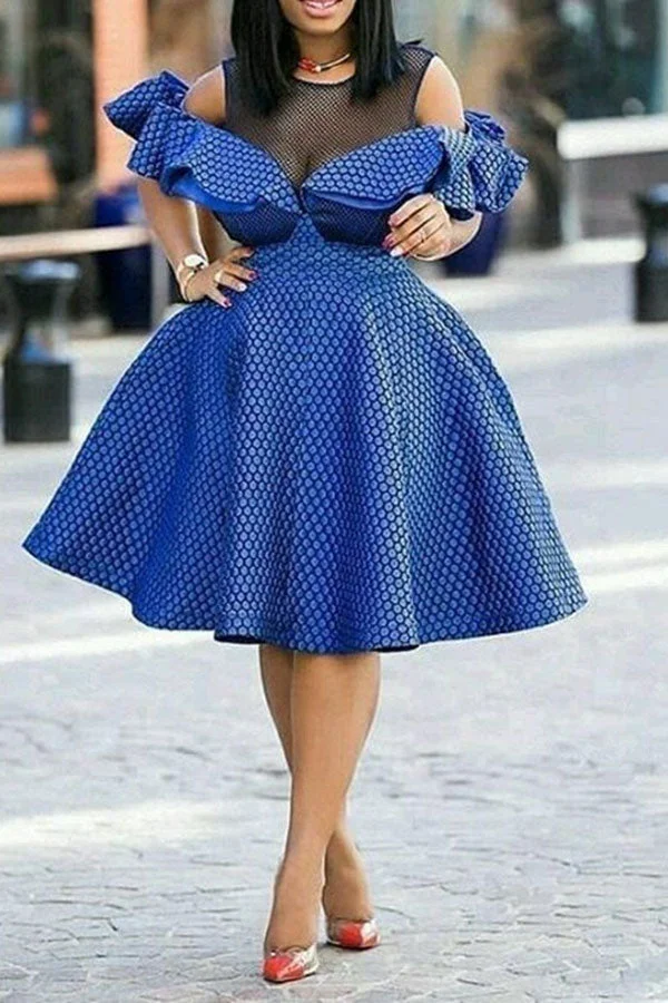 Polka Dot Cold Shoulder Sweet Ruffle Patchwork Midi Dress