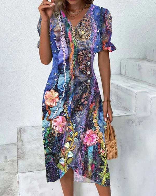 Vacation Casual V-neck Art Floral Print Dress