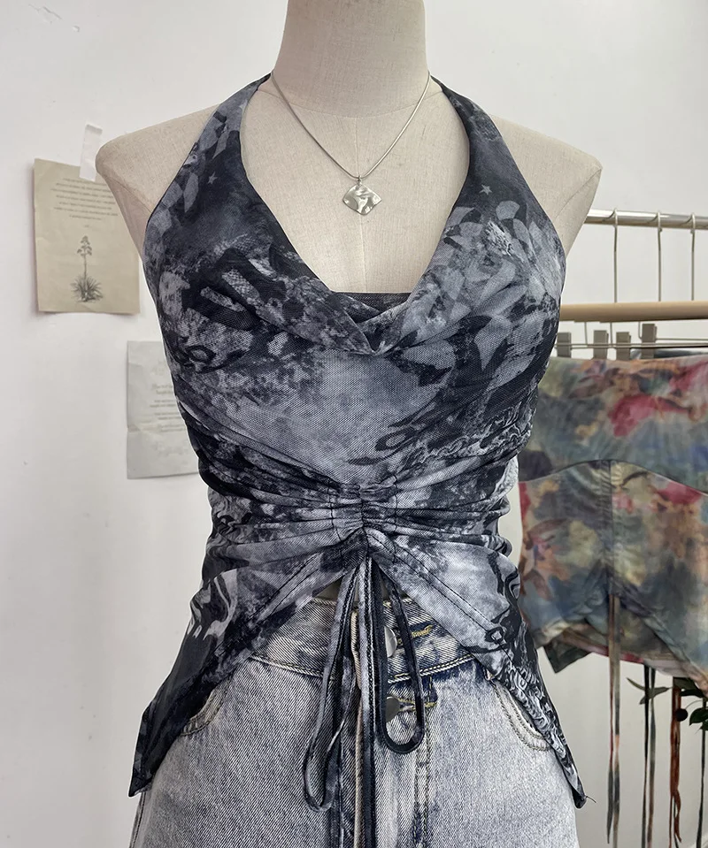 Brownm Real Shooting Holiday Wind Hanging Neck Collar Collar Tidling Strap Sling Vest Tie Mesh Yarn Short Sleeveless Top 9926