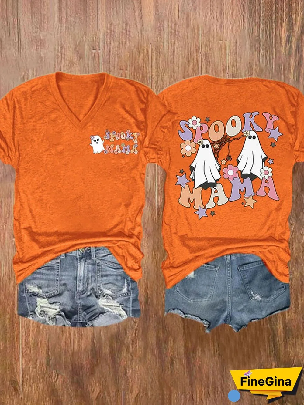 V-neck Halloween Spooky Mama Flower Print T-Shirt