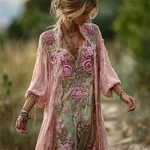Vintage Boho Roses Floral Lace Flowy Linen Cardigan - Image 2