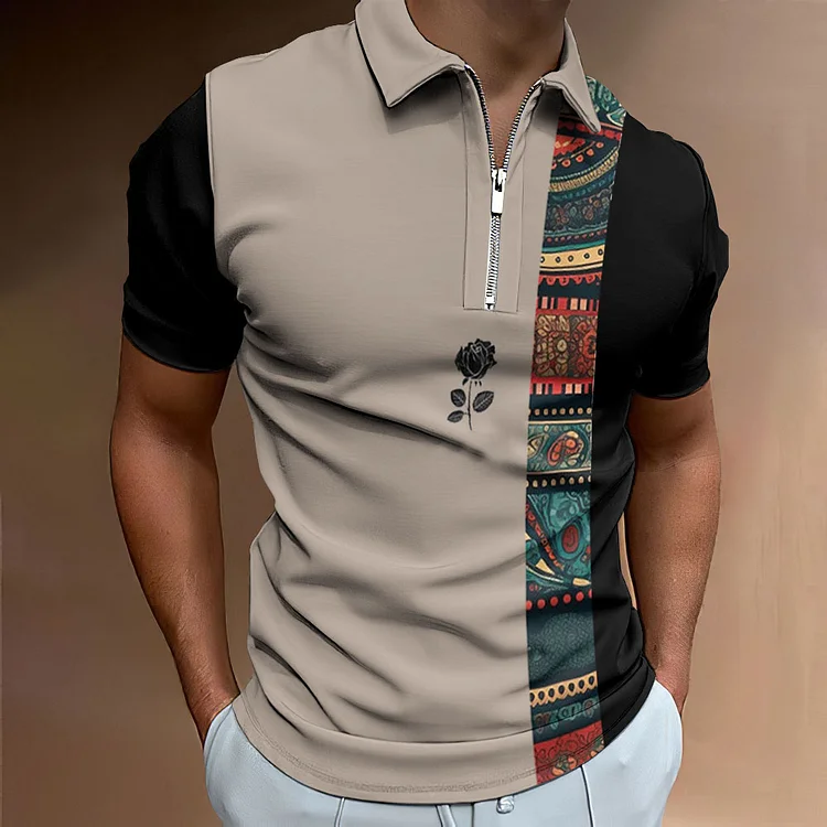 BrosWear Men's Rose Ethnic Pattern Patchwork Polo Shirt