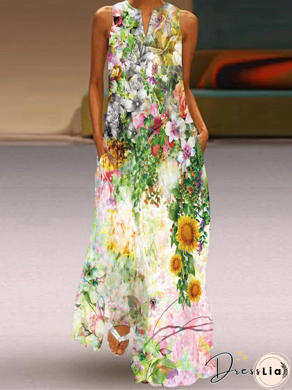 Sleeveless Floral V Neck Dresses