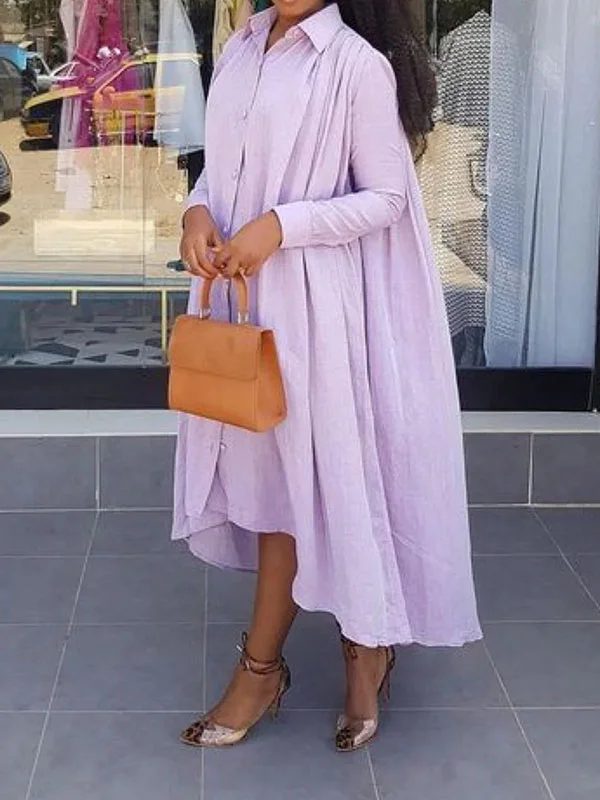 High-Low Long Sleeves Pleated Solid Color Lapel Maxi Dresses Shirt Dress