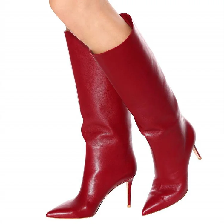 Vintage Red Pointed Toe Stiletto Heel Below The Knee Boots |FSJ Shoes