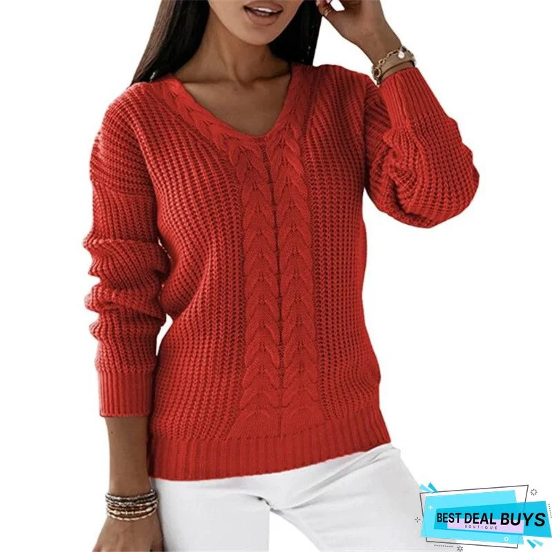 Casual Plain Knitted V-Neck Long Sleeve Sweater