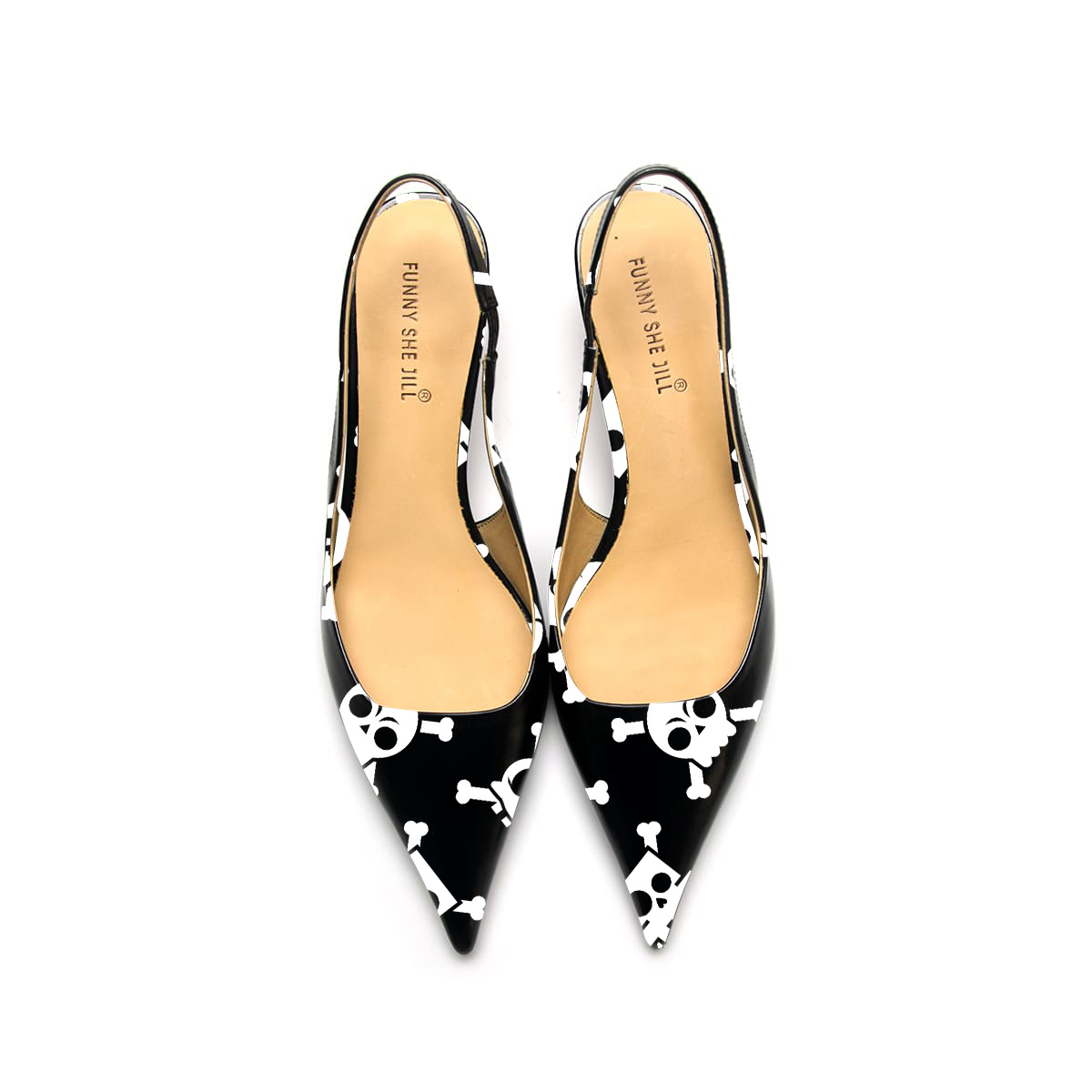 Women's Black Bottom Skull Pattern Patent Leather Pointed Toe Elegant Kitten Heel