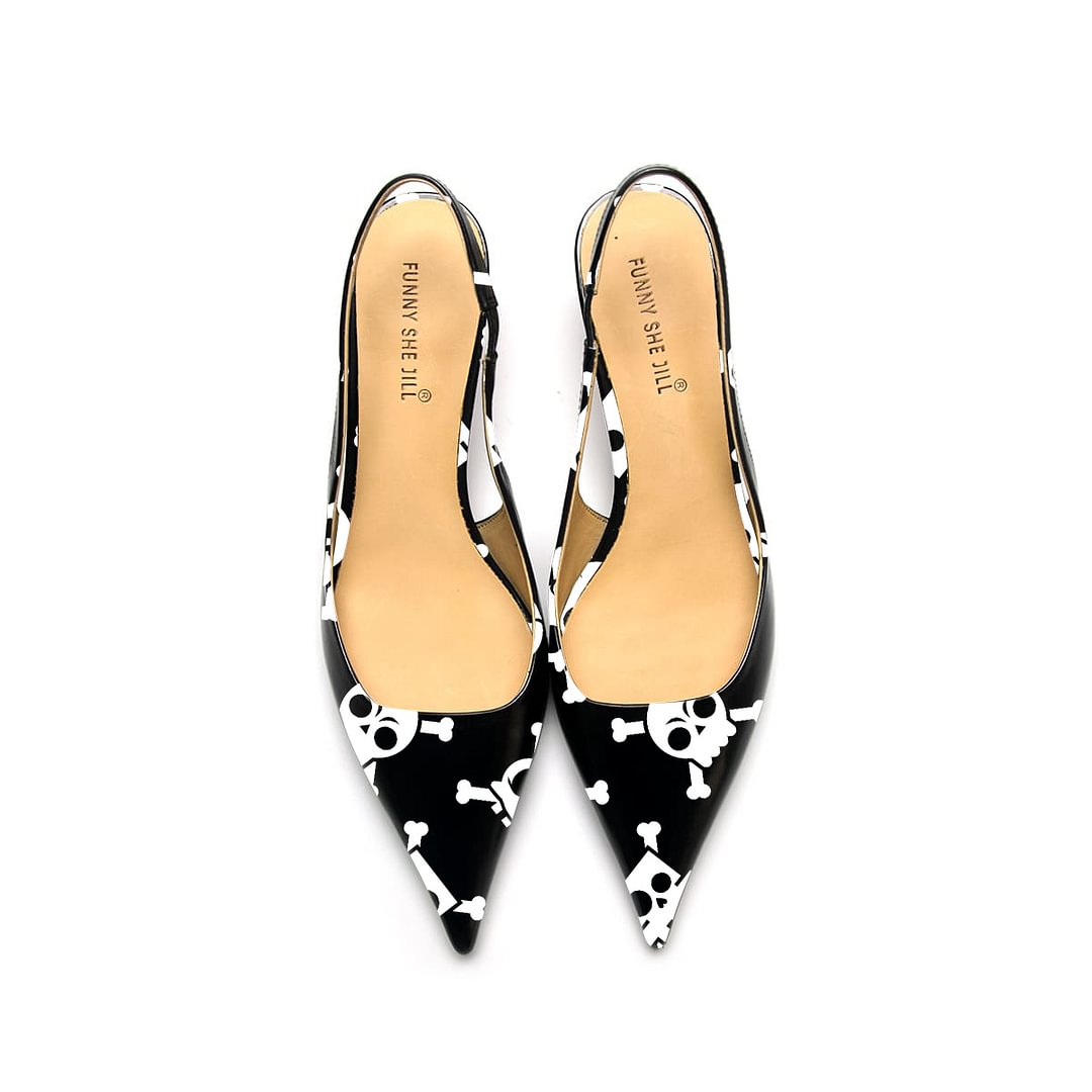 Women's Black Bottom Skull Pattern Patent Leather Pointed Toe Elegant Kitten Heel Nicepairs
