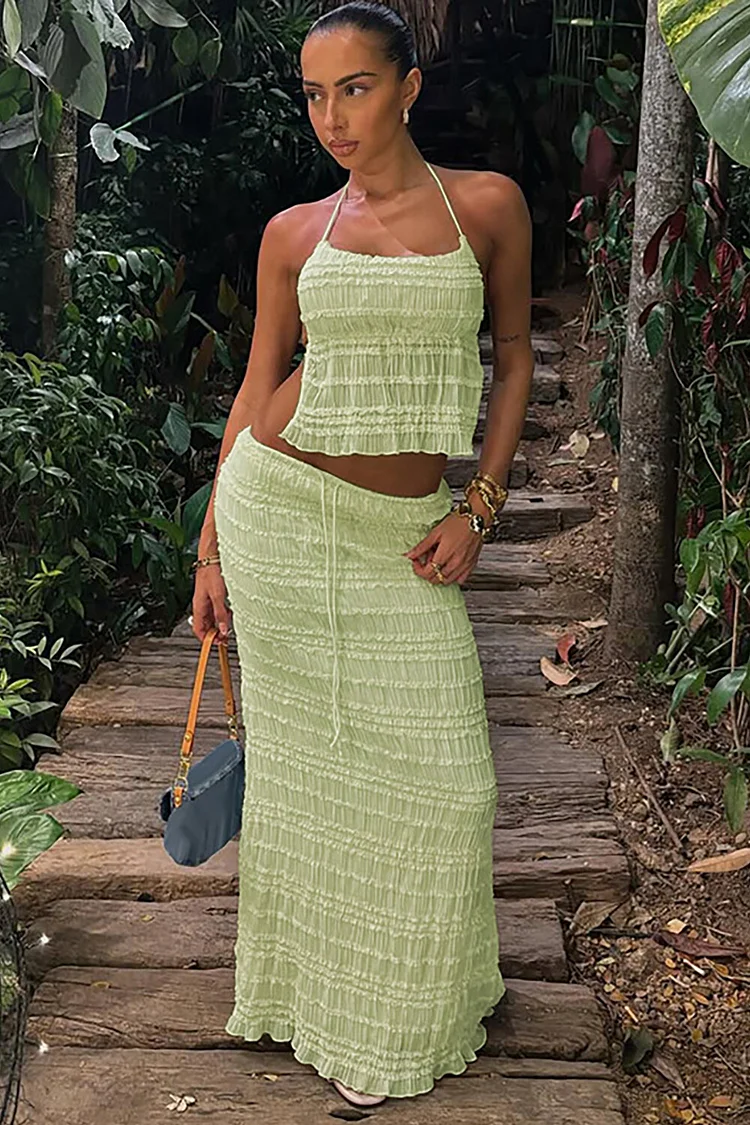 Solid Color Textured Ruched Halter Crop Top Slim Fit Maxi Skirt 2pcs Set-Green