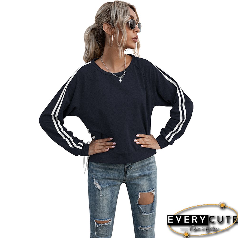 Navy Blue Stripe Long Sleeve Side Lace Up Sweatshirt