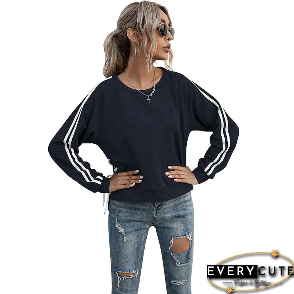 Navy Blue Stripe Long Sleeve Side Lace Up Sweatshirt