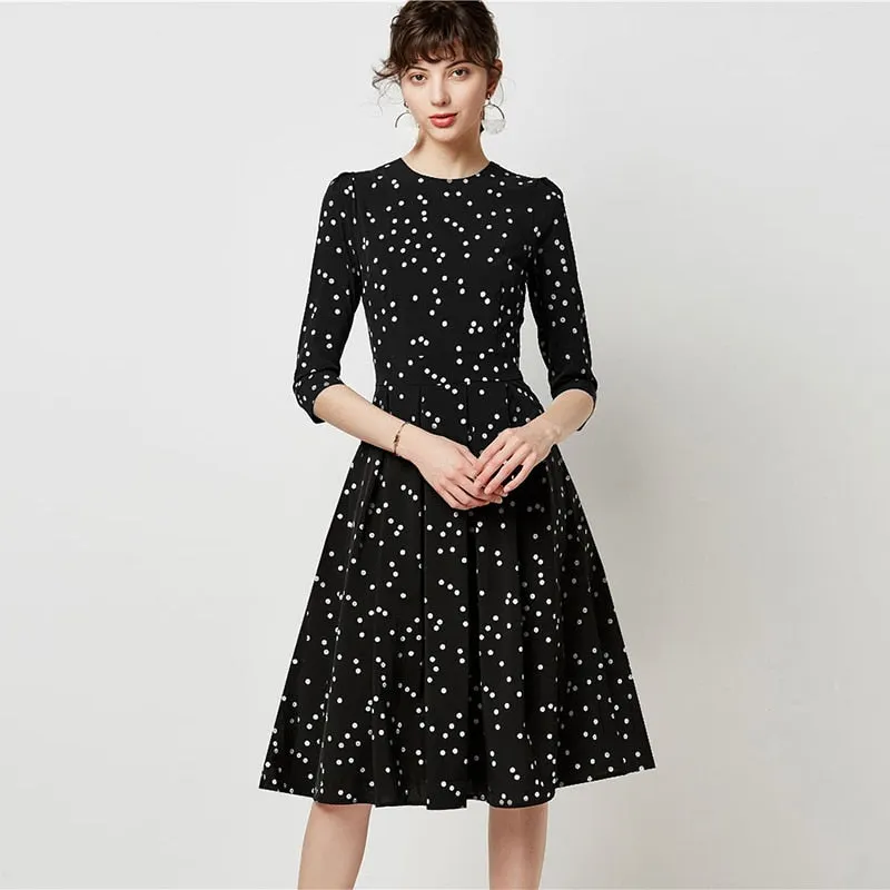 Aachoae Printed Dress For Women 2021 Vintage Three Quarter Sleeve Draped Dress Autumn Round Neck A-line Midi Dresses Vestido
