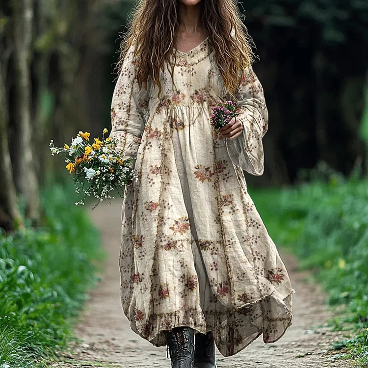 Women's Vintage Floral Print Linen Blend Midi Dress