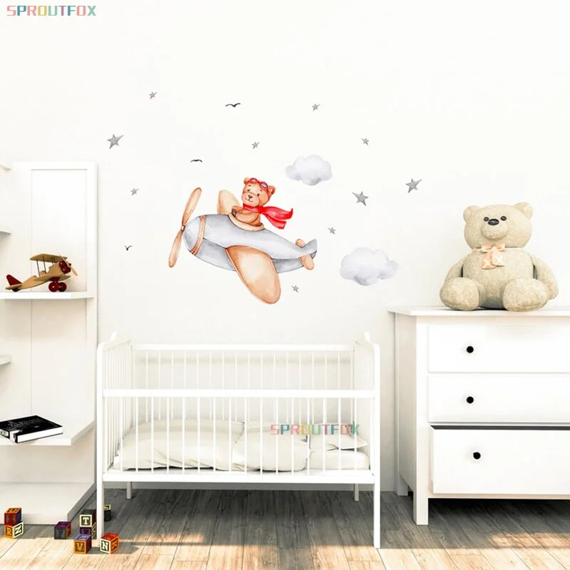 Fly in the Sky Cute Animals Bear Wall Stickers for Kids Room Nursery Room Airplane Vinyl Wall Decals Art Murals Home Decoration