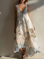 Women's Vintage White Rose Gradient Pattern Linen Sleeveless Dress