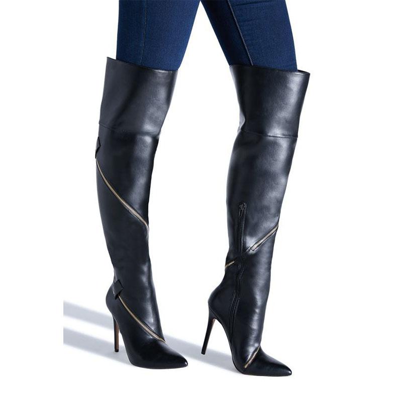 VCSHOES Black PU Zipper High Heel Over Knee Boots