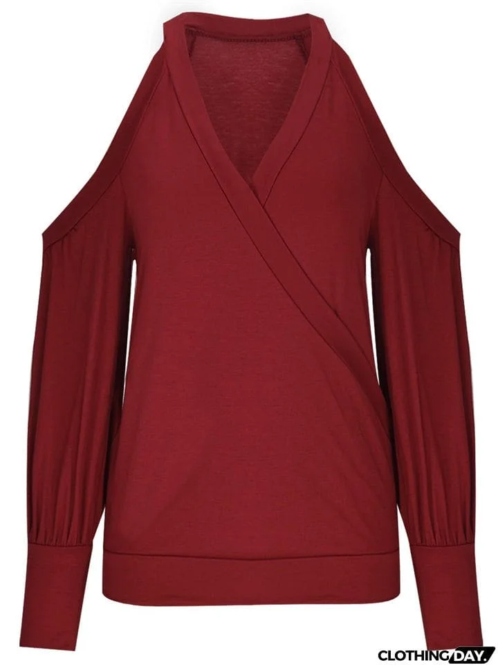 V-neck Cold Shoulder Lantern Sleeve T-shirt for Ladies
