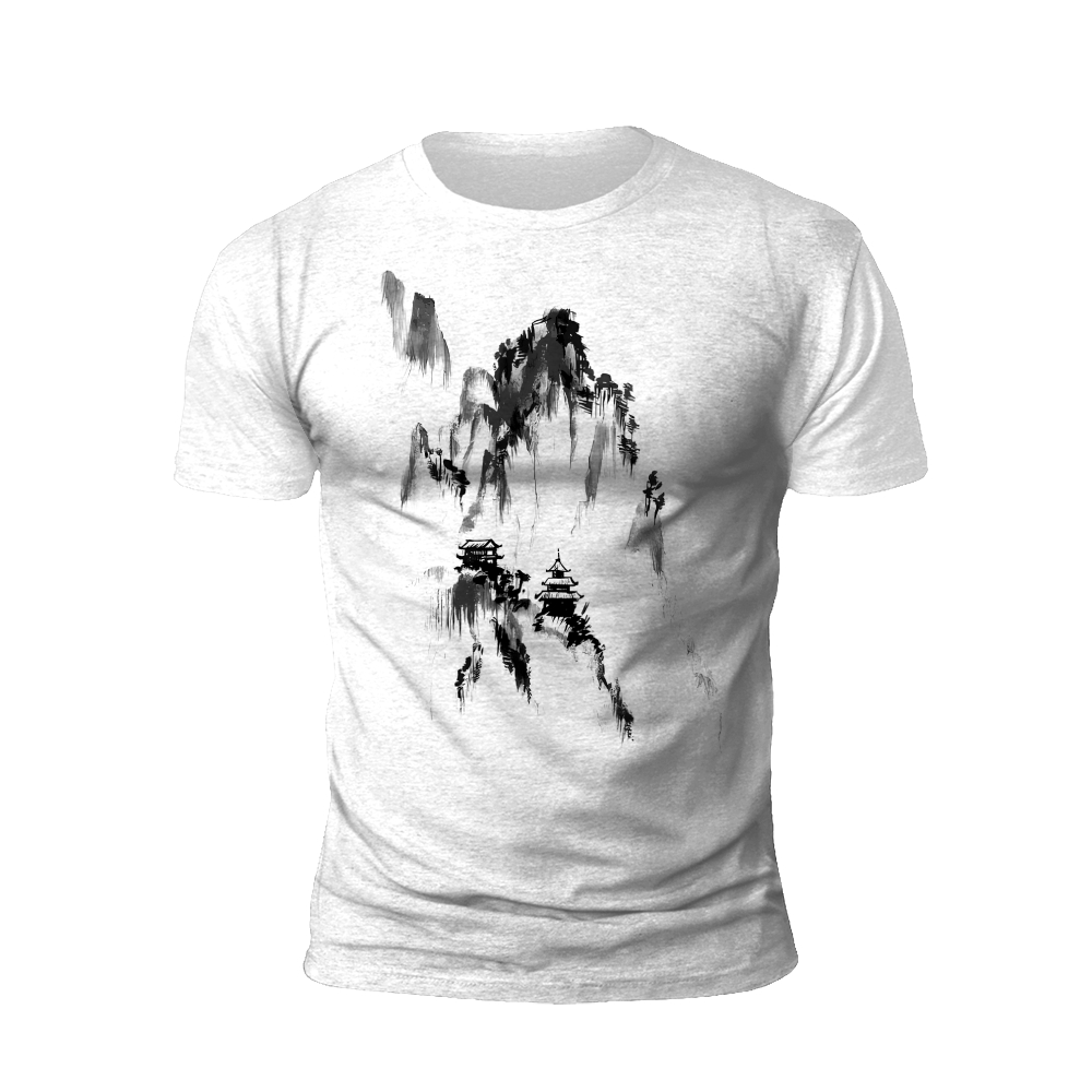 Monochrome Majesty: Ink Wash Mountain Temple T-shirt