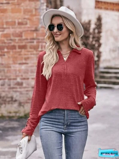 Decorative Button Johnny Collar Long Sleeve Blouse