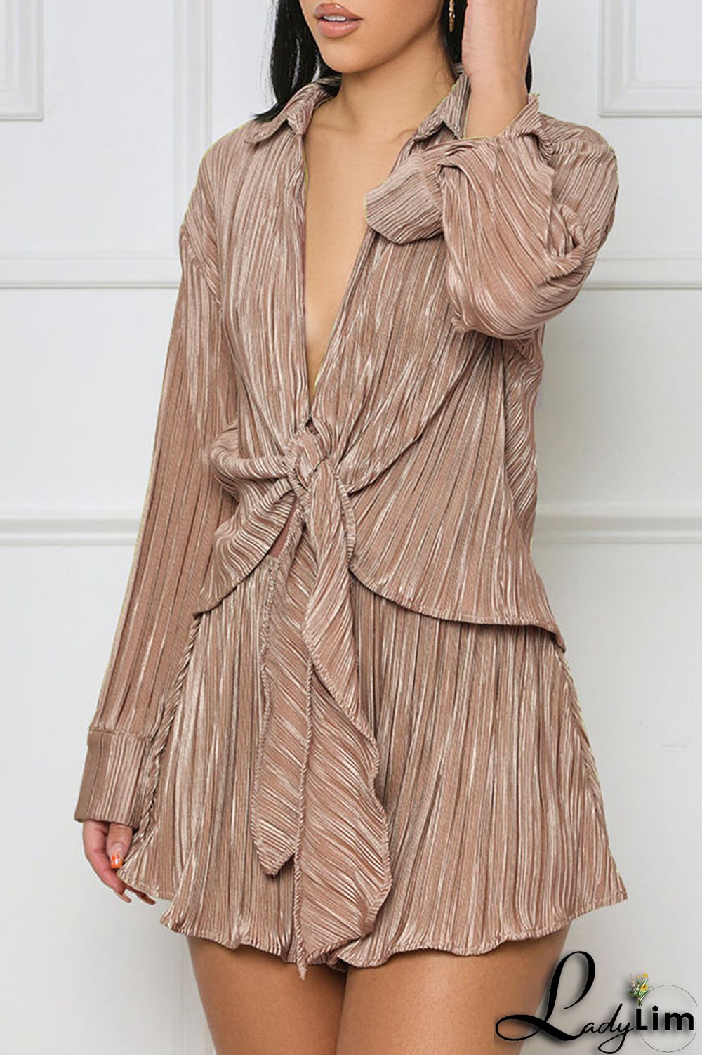 Green Casual Solid Bandage Patchwork Turndown Collar Long Sleeve Two Pieces