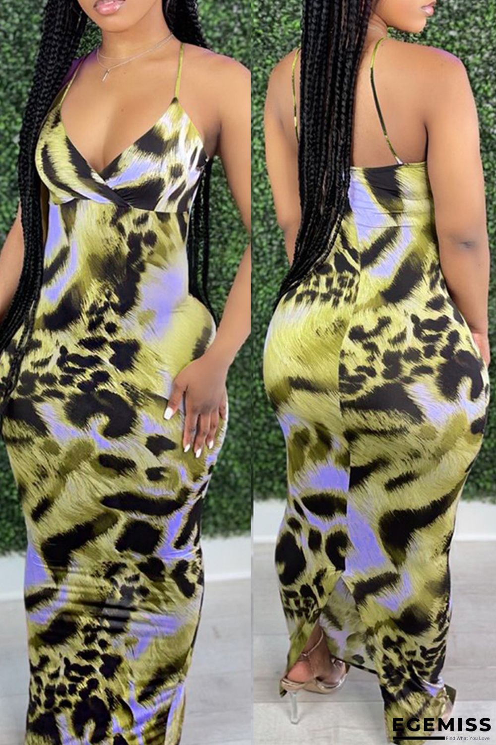 Yellow Fashion Sexy Print Backless V Neck Sling Dress | EGEMISS