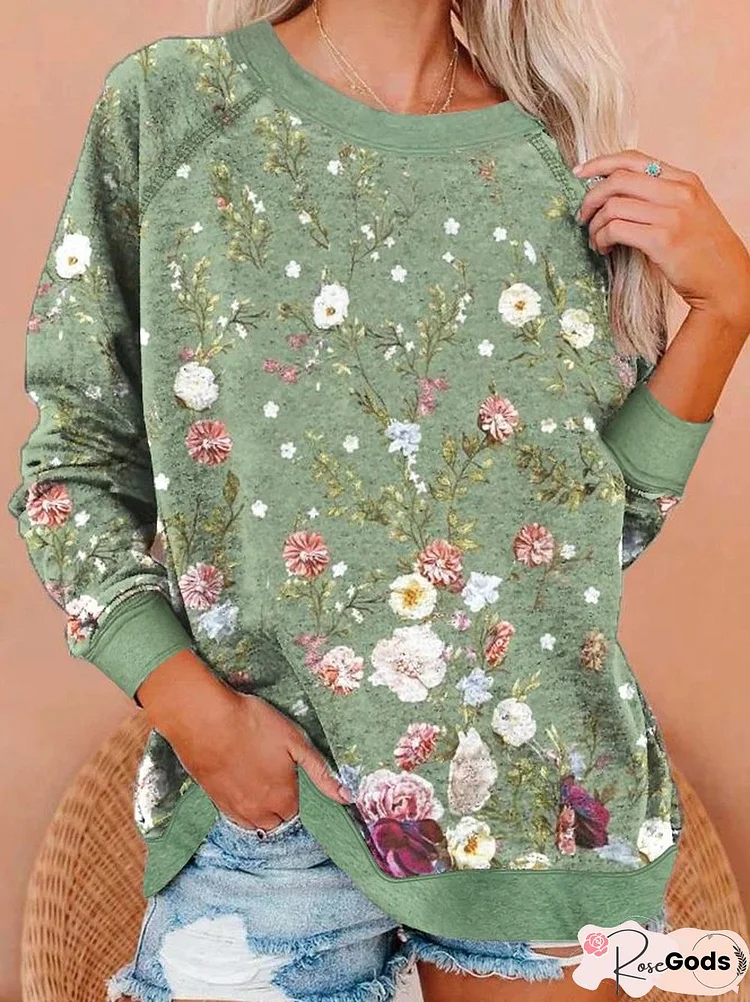 Cotton-Blend Casual Floral Sweatshirts