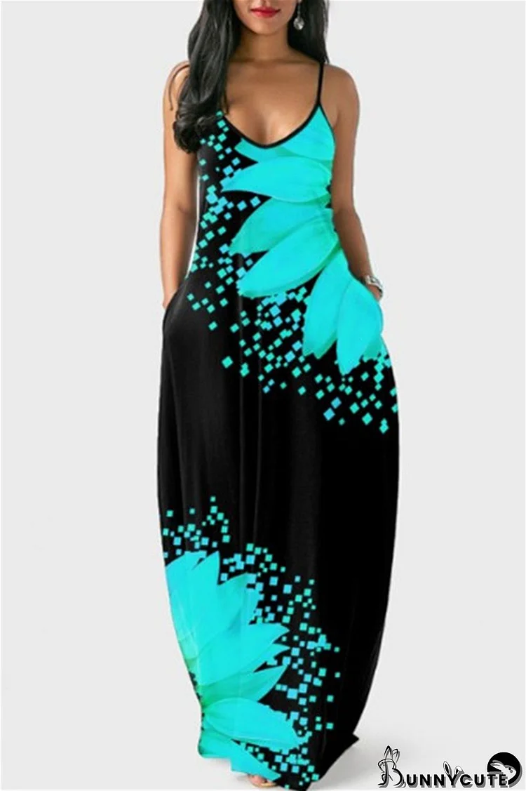 Sky Blue Fashion Sexy Print Backless Spaghetti Strap Long Dress