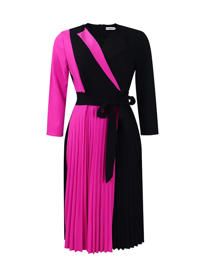 Solid Color Plus Size Sheath Suit Collar Women's Fashion Temperament Color Blocking Tie Pleated Pressed Pleated Skirt Elegant Nine-minute Sleeve High Waist Dresses