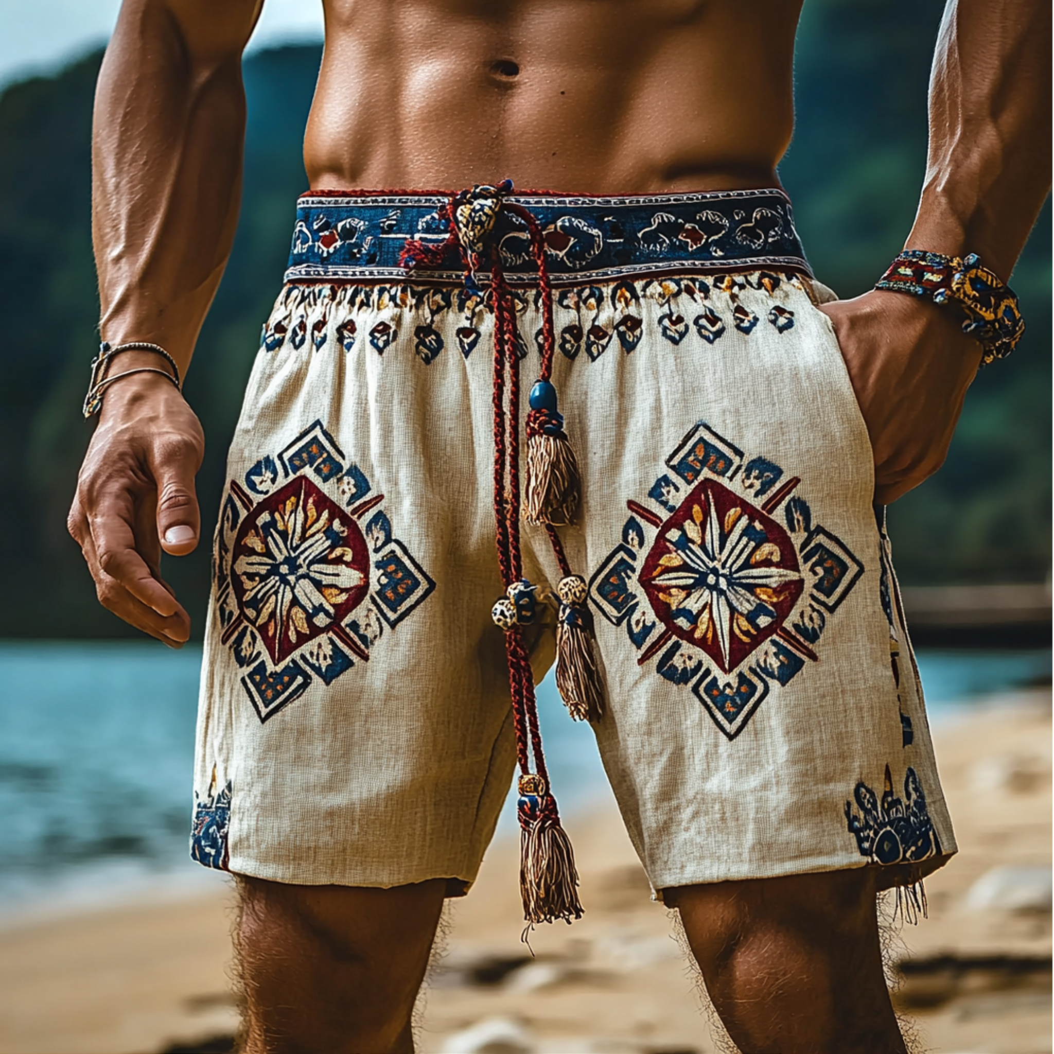 Men's Bohemian Graphic Print Holiday Casual Linen Shorts