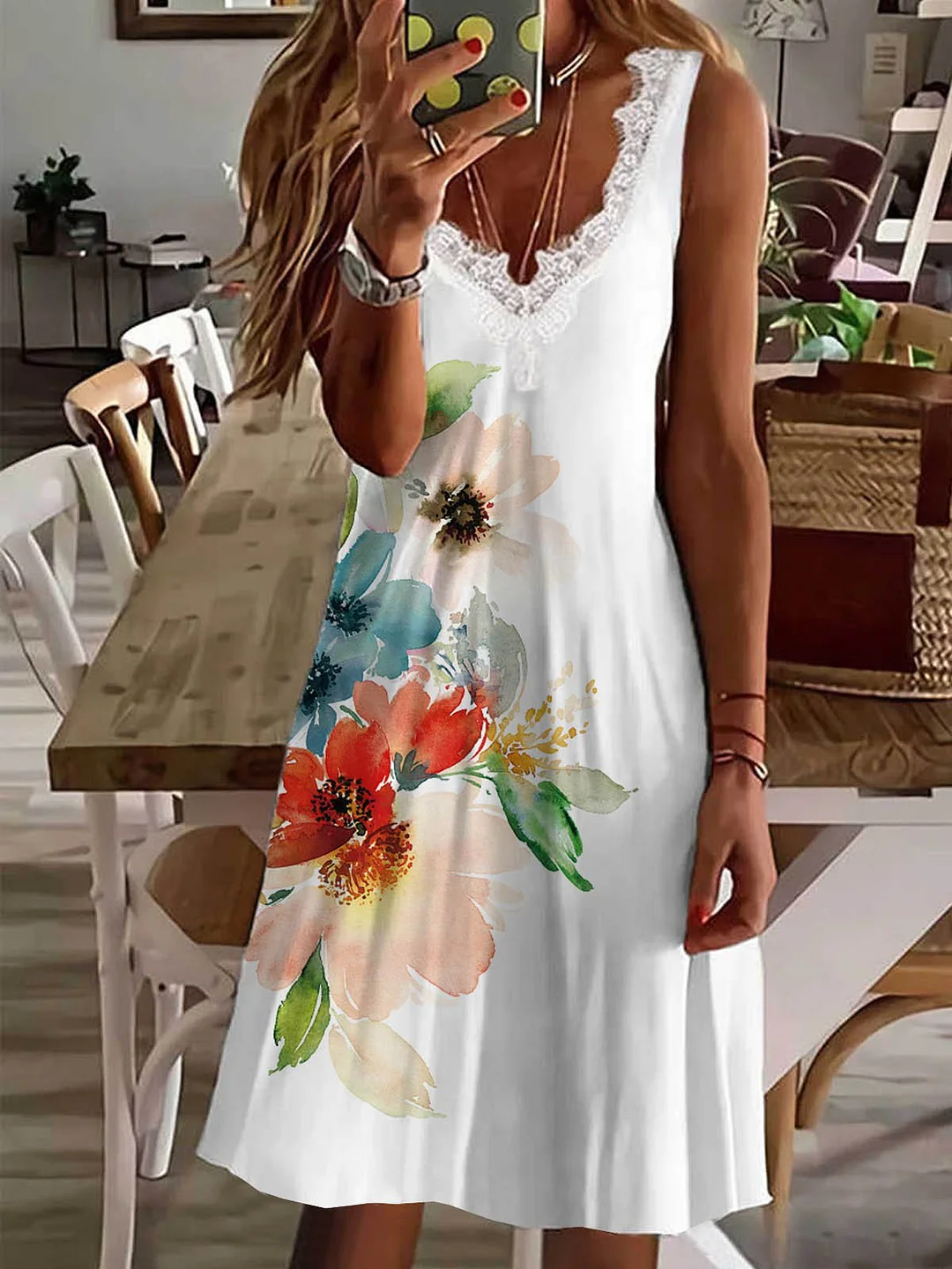 Floral V Neck Vacation Short Sleeve Knit Dress