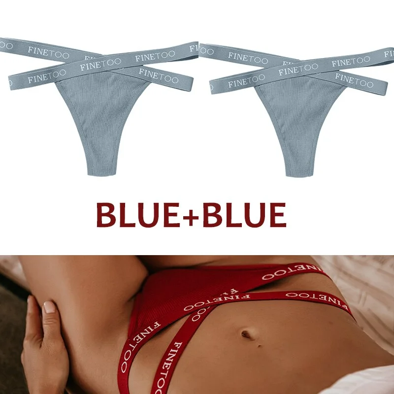 FINETOO 2PCS/Set Women's Cotton G-string Sexy Cross Strap Panties Letter Waisted Underwear Thongs Femme Hollow Out Lady Briefs